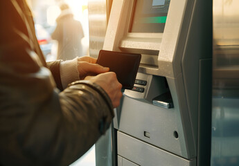 "Man Using ATM Machine for Automatic Savings, Holding Black Wallet