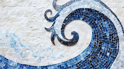 A calming blue wave mosaic on a white ceramic tile background