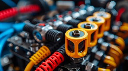 Obraz premium Macro shot of car audio system installation, focusing on the intricate details of the stereo unit, cables, and mounting brackets