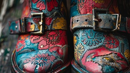 Macro shot of leather punk shoes, highlighting distressed textures, bold metal buckles, and vibrant painted motifs