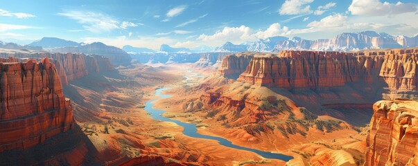 A river winds through a vast canyon, surrounded by towering red rock cliffs.
