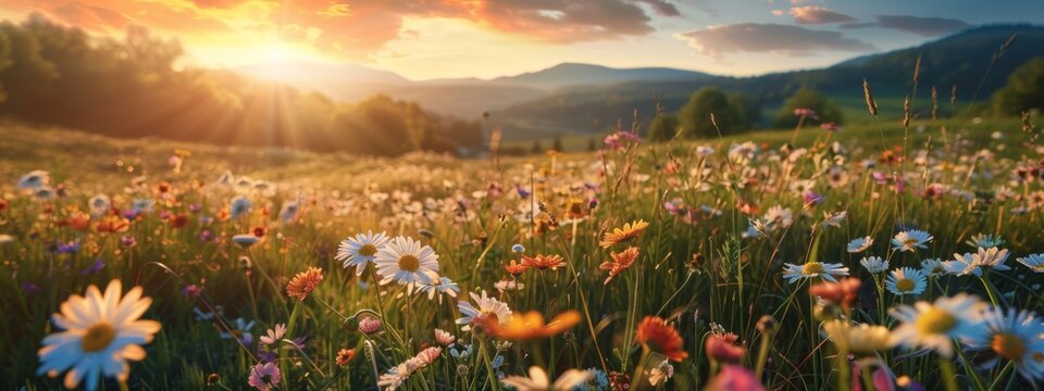 Beautiful natural rural field scenery with blooming daisy flower field in meadow in hilly countryside.