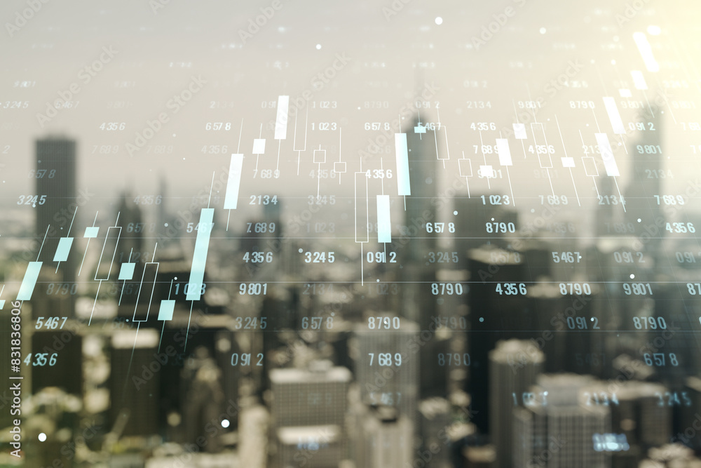 Poster multi exposure of stats data illustration on blurry skyline background, computing and analytics conc