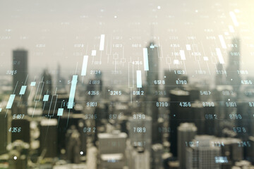 Multi exposure of stats data illustration on blurry skyline background, computing and analytics...
