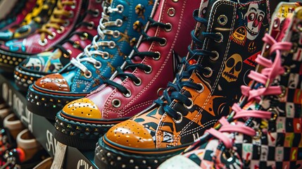 High-definition close-up of men's and women's punk-themed vintage shoes, featuring bold patterns, metal accents, and vibrant colors