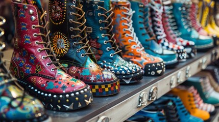 Fototapeta premium High-definition close-up of men's and women's punk-themed vintage shoes, featuring bold patterns, metal accents, and vibrant colors