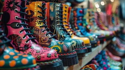 Fototapeta premium High-definition close-up of men's and women's punk-themed vintage shoes, featuring bold patterns, metal accents, and vibrant colors