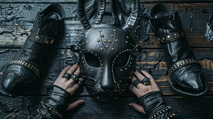 Intense close-up of a black rabbit mask, studded leather bracelets, high heels shoes, and a neck choker carefully placed on a black wooden table