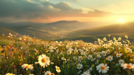 Beautiful natural rural field scenery with blooming daisy flower field in meadow in hilly countryside.