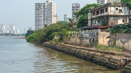 Fototapeta premium Urbanization Along Riverbanks: Photograph urban sprawl encroaching on riverbanks, with concrete structures and buildings lining the waterfront and diminishing the natural beauty of the riverine.
