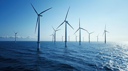 Wind Turbines Offshore: Capture offshore wind turbines spinning in the wind off the coast, demonstrating the potential of offshore wind farms to generate renewable energy while minimizing.