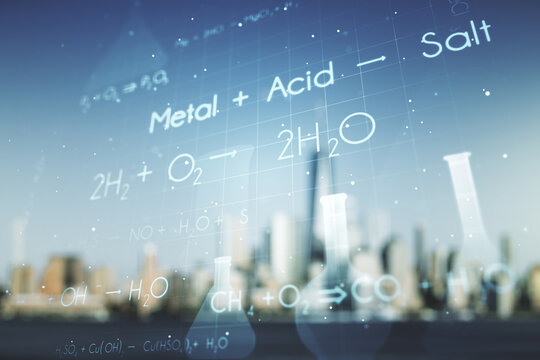 Double exposure of abstract virtual chemistry hologram on blurry cityscape background, research and development concept - Powered by Adobe