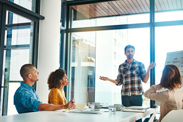 Business people, man and presentation in boardroom with discussion for company growth and financial...