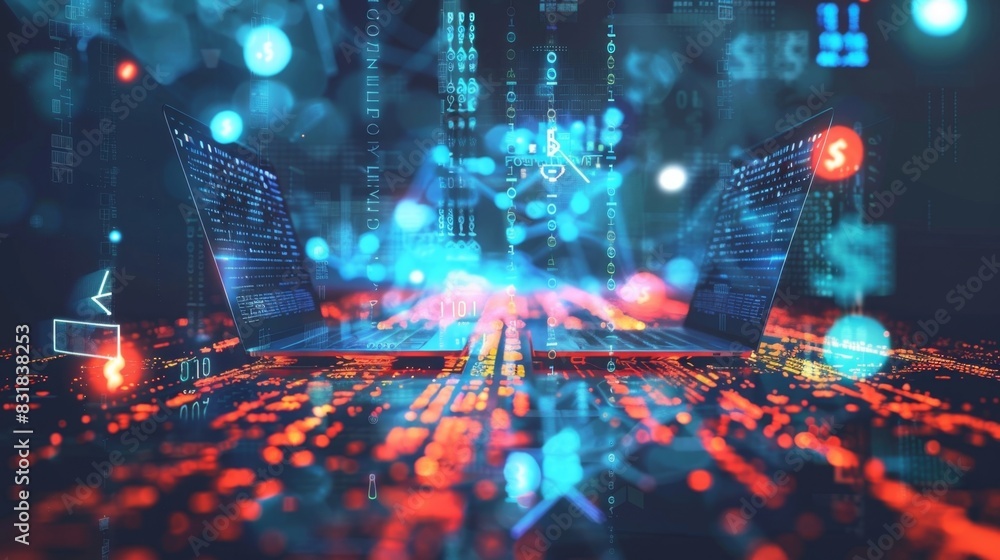 Poster a digital bridge connecting two laptops with digital currency symbols flowing across it representing