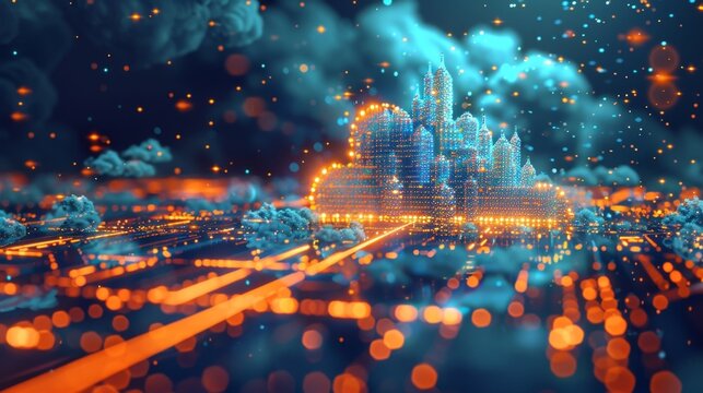 A majestic cloud castle made of cryptocurrency symbols signifying the secure and fortified nature of cloud storage for digital assets.