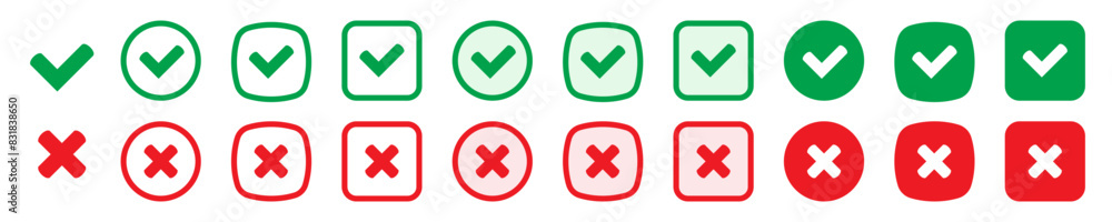Aufkleber right or wrong icons. green tick and red cross checkmarks. yes or no symbol, approved or rejected ic