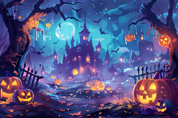 halloween festival illustration and background, Halloween night with trees, bats, houses, and pumpkins, vector, 3d rendering