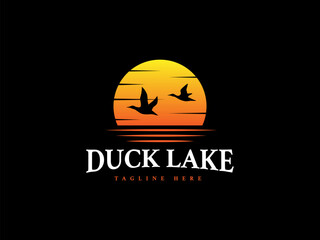 duck lake logo vector illustration. sunset silhouette duck logo template