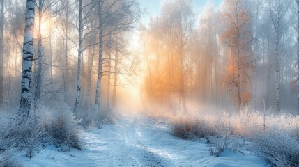 A stunning winter forest scene at sunrise with snow-covered trees and a misty atmosphere, creating a serene and tranquil landscape.