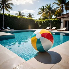 colorful beach ball floats on luxurious pool, inviting relaxation and fun in the sun
