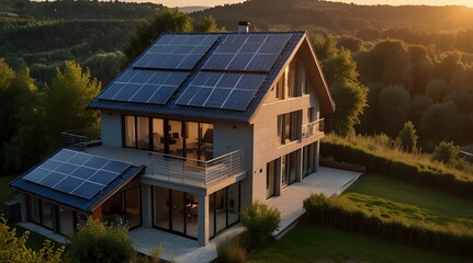 Obraz premium Modern house with blue solar panels on the roof End of the day sunset.generative.ai