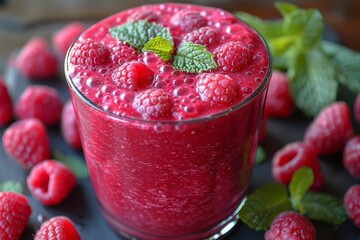 Raspberry Mint Smoothie - Deep red with fresh raspberries and mint leaves. 