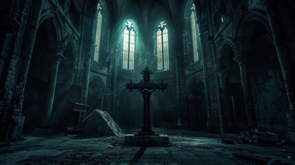 Ancient Cross in Dark Abandoned Cathedral
