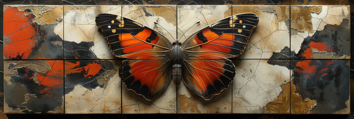 panel wall art, wall decoration, marble background with flowers and butterfly designs