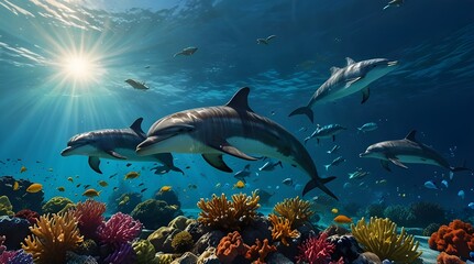 Fototapeta premium Playful Dolphins in Cora Reef vibrant underwater scene colorful marine life.generative.ai