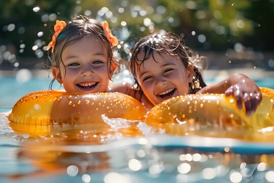 Two Young Girls Playing in the Water, Watch two young girls enjoying playing in the water, splashing, and laughing together.