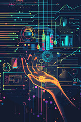 Data analysis techniques and information processing outline hands concept. Digital database management with classification, clustering, association and anomaly detection for efficient file organizatio