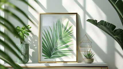 Craft a mockup showcasing a gold or brass frame with botanical prints, complemented by leafy plants...