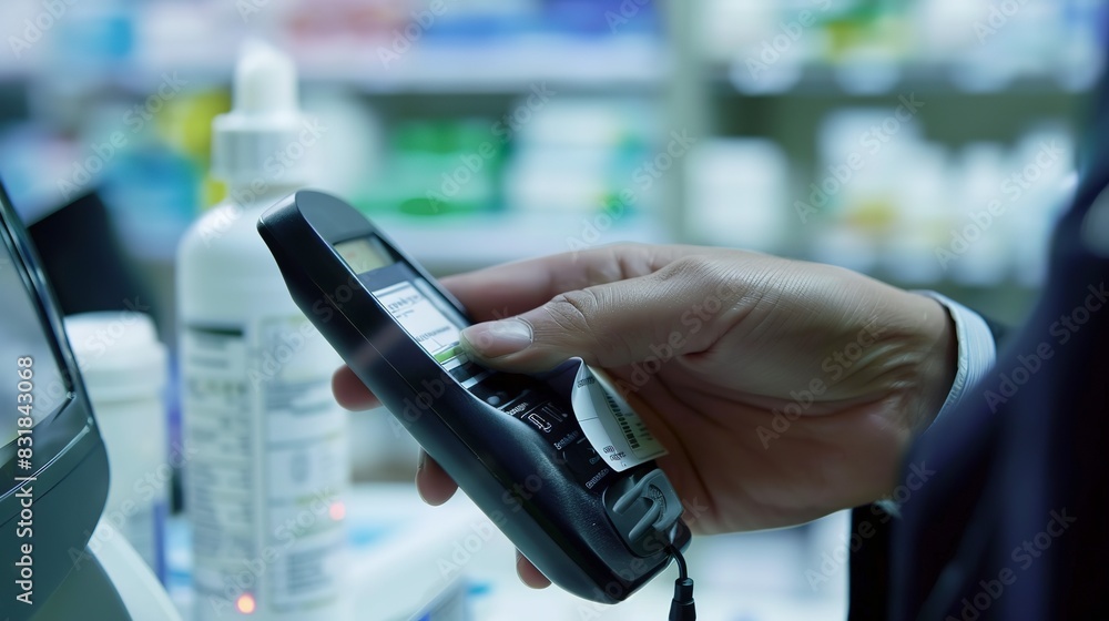 Canvas Prints Pharmacist's hand scanning a prescription bottle, close-up, barcode reader, clear detail 