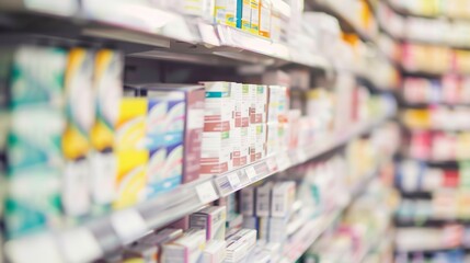 Close-up of pharmacy shelf stocked with colorful medicine boxes, sharp focus, bright aisle light 