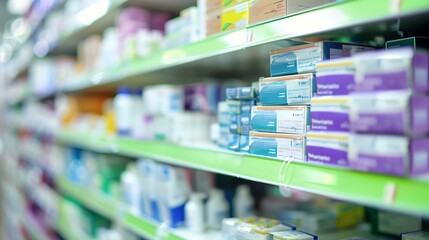 Fototapeta premium Close-up of pharmacy shelf stocked with colorful medicine boxes, sharp focus, bright aisle light 