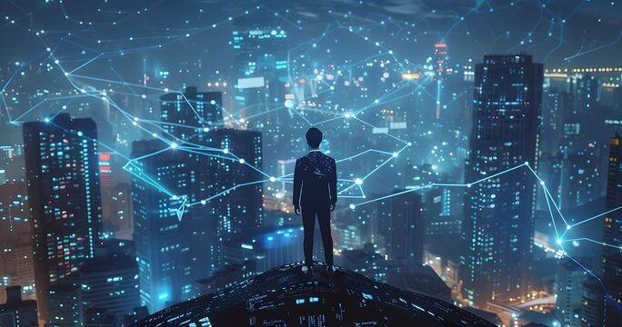 Businessman Stands on Office Rooftop Amidst Glowing Holographic Data Streams Symbolizing Business Success through Advanced Cyber Strategies