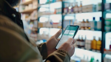 Customer reviewing a medication app on a smartphone in a pharmacy, close-up, screen glow 