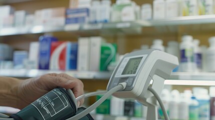 Detailed view of a blood pressure monitor in use at a pharmacy, cuff and digital readout 
