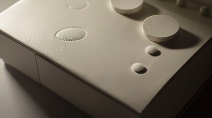 Detailed view of a medication box with embossed logo, tactile texture, soft side lighting 
