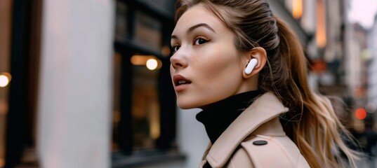 Woman Listening to Music with Wireless Earbuds.
