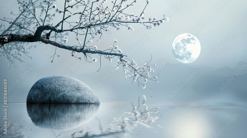 Poster tranquil scene with tree branch and moon reflected in water for nature and serenity with copy space 