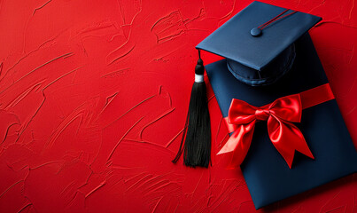 Top View of Graduation Cap with Tassel and Diploma Wrapped with Beautiful Red Bow on Vibrant Red Background Celebrating Academic Achievement