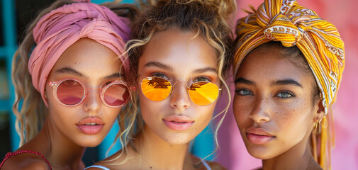 Obraz premium Stylish Multicultural Girlfriends Posing Fashionably in Sunglasses and Headwraps on Pink Background, Daytime, Vibrant and Confident