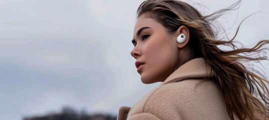 Woman Listening to Music with Earbuds Outdoors.