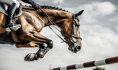 Dynamic Horse Jumping Action in Equestrian Sport Show Jumping Event on a Cloudy Day