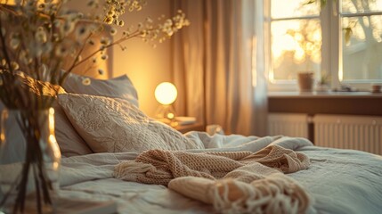 A cozy, minimalist bedroom with soft, muted colors, a comfortable bed, and gentle lighting, creating a relaxing and peaceful atmosphere.