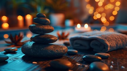 A luxurious spa scene featuring a person receiving a relaxing massage, with soft lighting, aromatic candles, and soothing music, creating a tranquil atmosphere ideal for reviving t