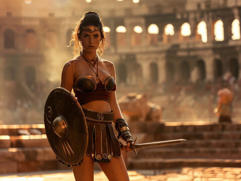 Female Gladiator in Arena with Fierce Expression
