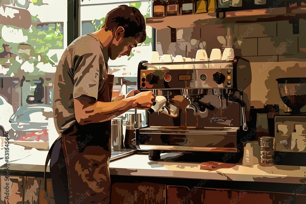 Poster a man skillfully operates a coffee machine, preparing an aromatic cup of coffee in a cozy cafe setti