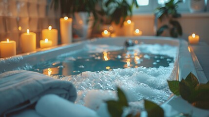 A rejuvenating spa bath filled with aromatic bubbles, surrounded by candles and soft lighting, creating a calming and tranquil atmosphere for relaxation.
